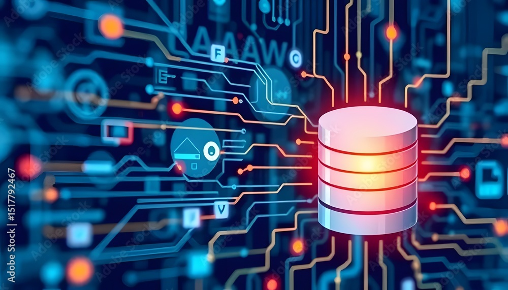 Aufkleber technological marvel, an abstract data server representing the core of a digital world.