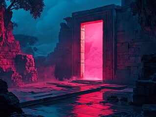 Mystic gateway: Dimensional portal shrouded in ethereal energy and ancient ruins