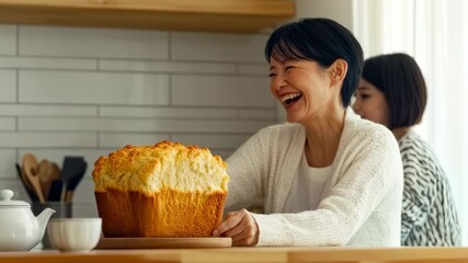 Joyful baking moments: woman enjoys freshly baked bread in cozy kitchen setting - Powered by Adobe