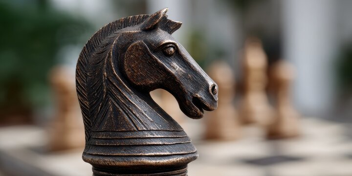 vintage chess pieces, a vintage chess knight with intricate horse carving and antique patina in focus, surrounded by a softly blurred historical chess set, perfect for heritage and tradition themes