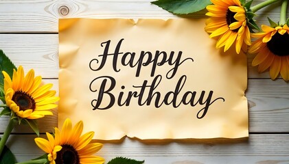 Happy Birthday Message with Sunflowers on Wooden Background