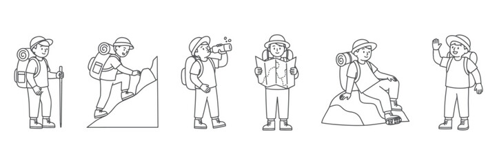 vector outline icons depicting Essential hiking vector illustration set featuring hikers in various outdoor activities including standing with backpack and walking stick climbing a slope drinking wate