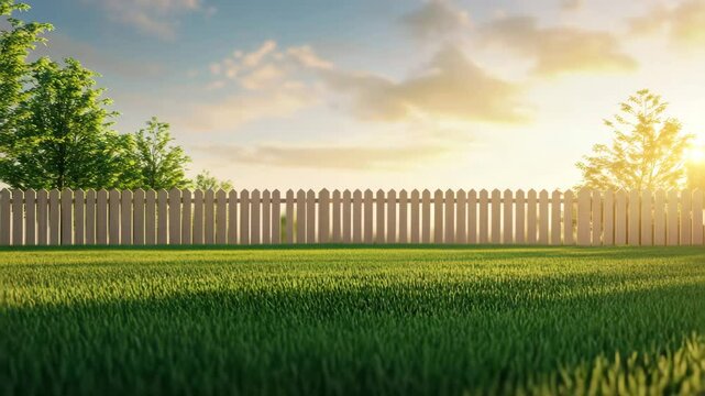 Sunny backyard with lush green grass, white wooden fence, and trees morning sunlight, creating peaceful and inviting outdoor atmosphere, perfect for enjoying your backyard lawn and fence early hours.