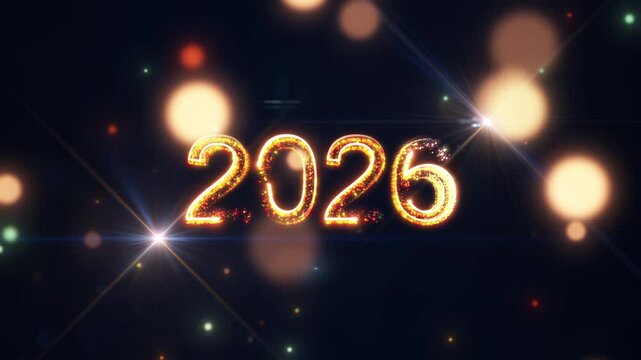 Happy New Year 2026. Festival Celebration. Shiny bright golden particles and flares on a dark background.