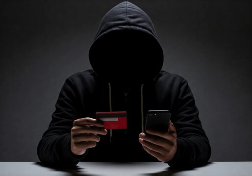 A faceless figure in a black hoodie holds a red credit card and smartphone, symbolizing cybercrime, identity theft, or online fraud in a dark, moody setting.	
 - Powered by Adobe
