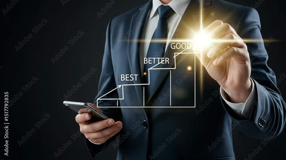 Aufkleber man in suit drawing best better good diagram with phone in hand on dark background in studio shot