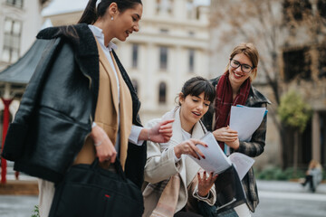 Three professional women discussing and collaborating together outside on professional documents,...