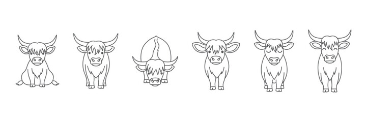 Set of Hand Drawn Vector Outline Highland Cow Icons in Various Poses, Rustic Farm Animal Sketches, Vintage Scottish Cattle Line Drawings, Minimalist Livestock Illustrations for Branding and Design

