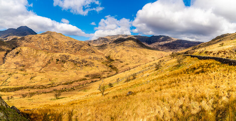 A view across the valley north of  lake Gwynant in Snowdonia, Wales in springtime