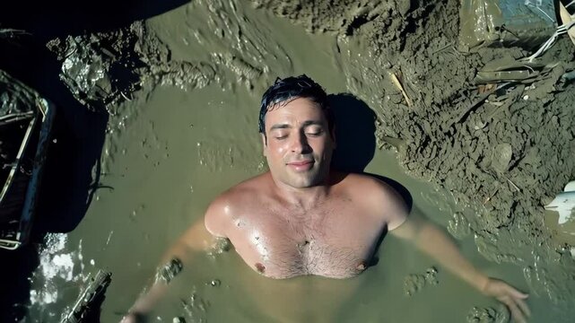 Man enjoying a relaxing mud bath in a natural setting on a sunny day surrounded by nature