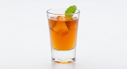 Refreshing iced tea beverage with mint leaf garnish in glass cup