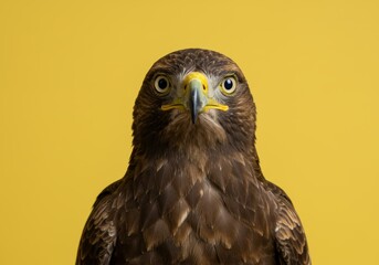 Fototapeta premium Majestic golden eagle portrait against a vibrant yellow studio backdrop