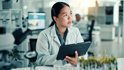 Asian woman, tablet and thinking in lab for biology with medical research, vaccine report and...