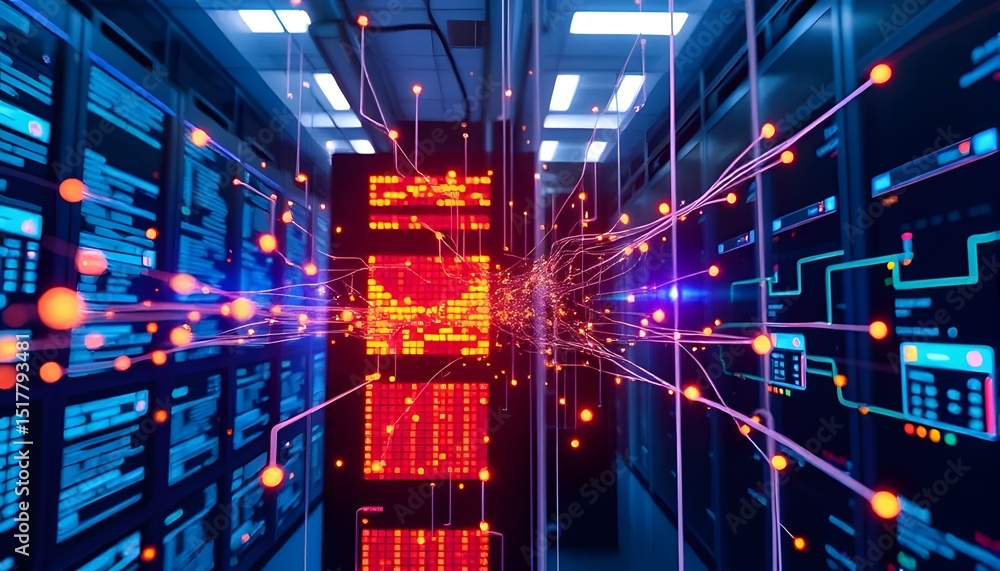 Poster vibrant data server room displaying cutting-edge technology and data processing capabilities.