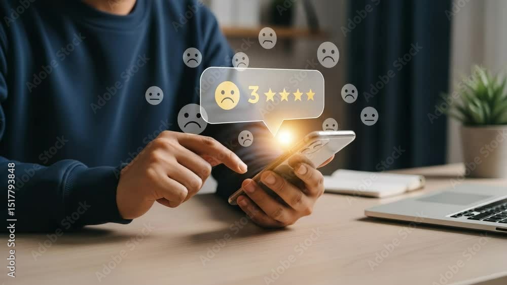 Poster Person using smartphone with feedback interface showing three stars and sad emoticons around it