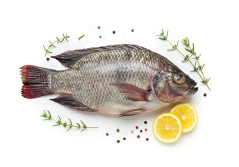 Fresh tilapia fish with lemon slices and scattered peppercorns on white surface