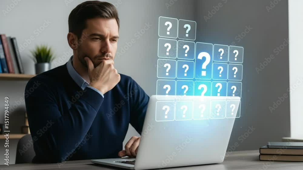 Poster Man pondering with laptop displaying question marks in a bright office environment at a desk top