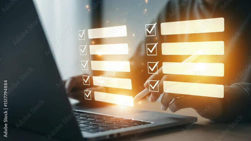 Poster Person using laptop with digital pen to complete checklist with checkmarks and boxes on screen