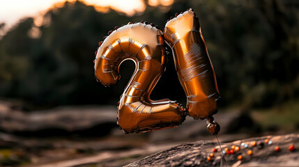 Fototapeta premium Gold Number 21 Balloon Floating In Nature At Sunset