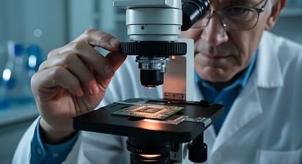 A scientist magnifies a semiconductor chip with a microscope