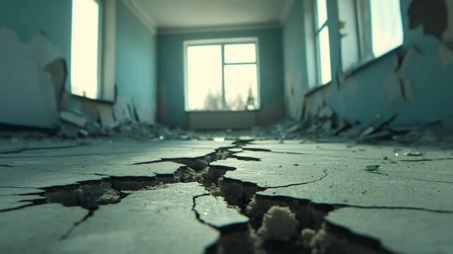Cracked floor damaged wall abandoned room sunlight empty interior destruction debris broken disaster decay, this abandoned room with cracked floor and damaged walls is filled with sunlight showing