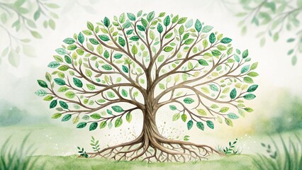 Watercolor Tree of Life with Green Leaves and Roots Symbolizing Growth and Harmony in Nature