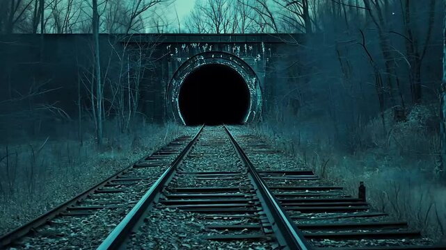 Abandoned railway tunnel in a misty forest