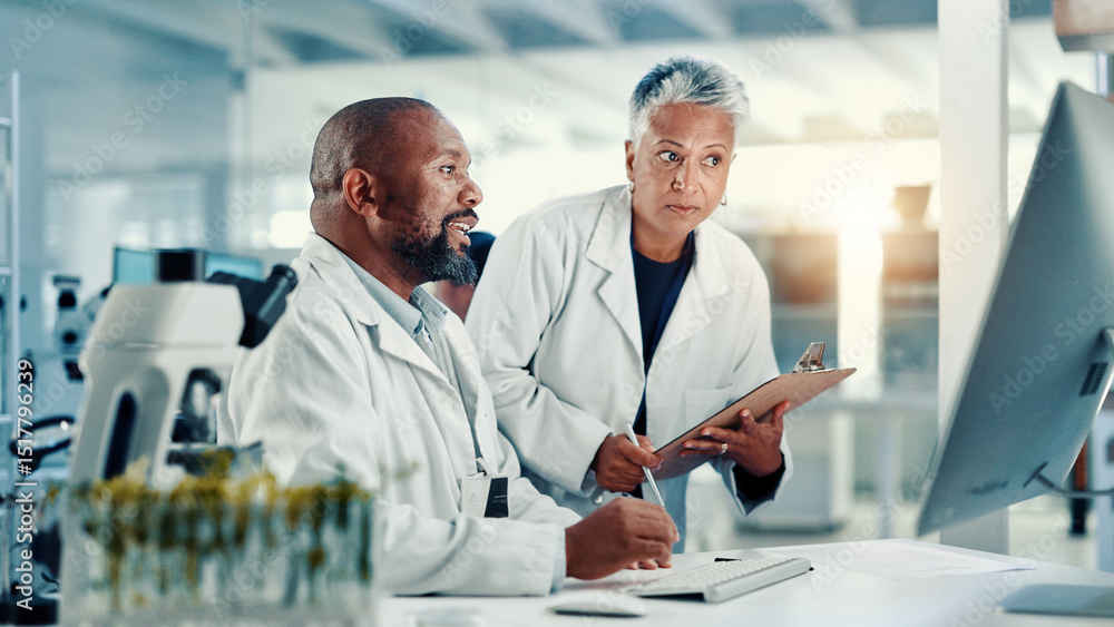 Poster collaboration, computer and medical with science people in laboratory for development or research. h