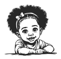 Black African American cute small baby girl face portrait with puffs hair,bow head wrap.Stencil drawing.Afro hairstyles silhouette.Cricut plotter laser cutting.Vinyl wall sticker decal.Clipart print