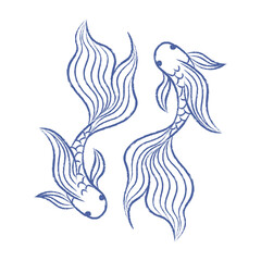Beautiful fish vector. Doodle of a pair of fish with a long big tail. Texture of pencil, chalk. Vector isolated element