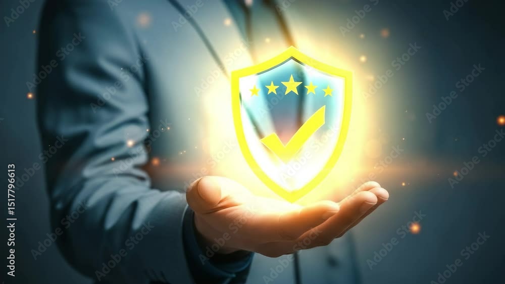 Poster a person holding a golden shield with stars and a checkmark in their open palm in a suit jacket