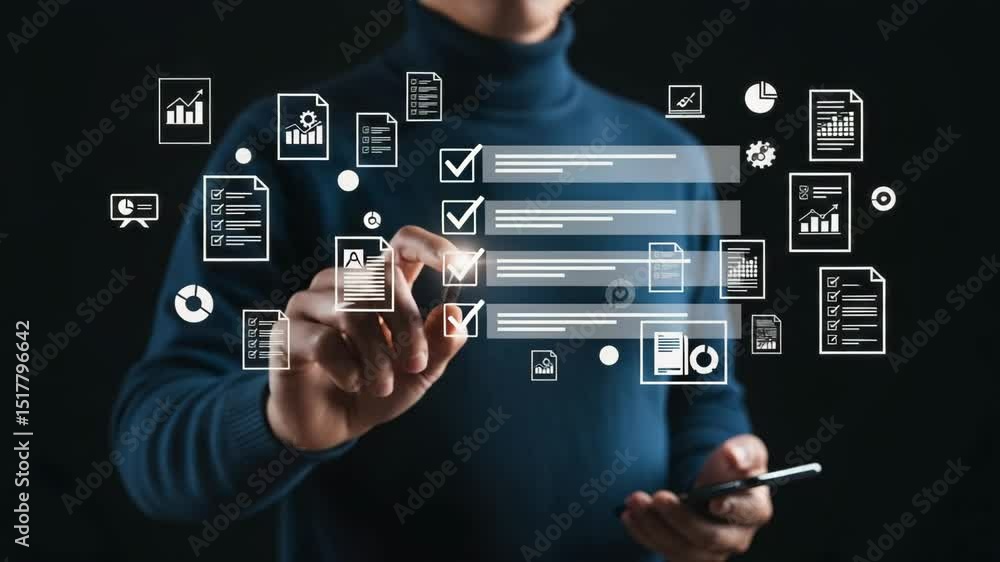 Poster Man in turtleneck interacting with floating digital document and checklist icons on dark background