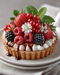 Berry cream tart with crunchy biscuit crust high resolution picture