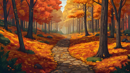 A pixel art scene of a forest trail winding through a dense autumn woodland.