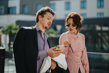 Two business colleagues discuss over a smart phone in an urban environment. They appear engaged and...