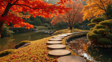 Serene landscape featuring vibrant autumn foliage, tranquil water, and stone pathways invites peaceful reflection and connection with nature
