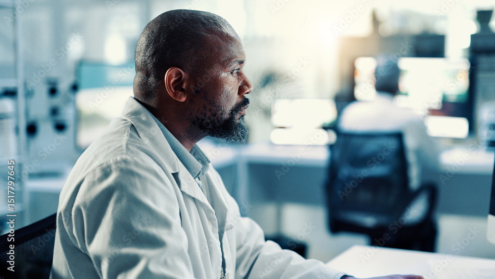 Poster innovation, medical and science with black man in laboratory for online development or research. com