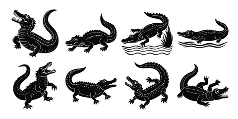Fototapeta premium Crocodile and Alligator Silhouette Clipart Bundle – Reptile Vectors for Crafts and Designs