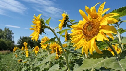 Bright Yellow Sunflowers in a Field under a Clear Blue Sky on a Sunny Summer Day