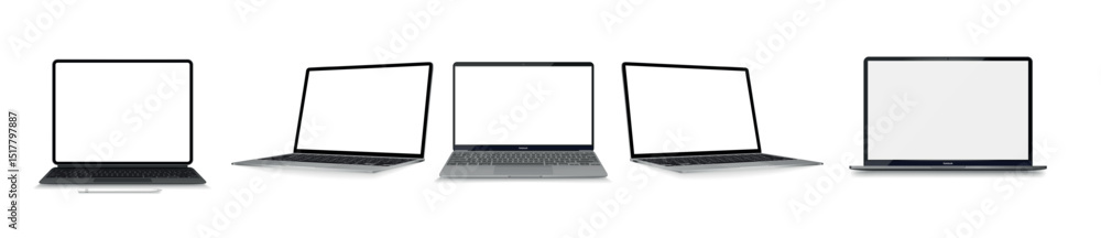 Poster realistic laptop mockup with blank screen isolated on white background, perspective laptop mock up d
