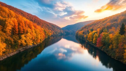 Autumn forest river mountain reflection sunrise with colorful foliage and tranquil scenic landscape, calm river winding between forested mountains, vibrant autumn leaves reflecting water dramatic - Powered by Adobe