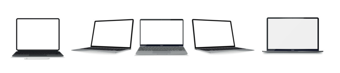 Realistic laptop mockup with blank screen isolated on white background, perspective laptop mock up different angles views