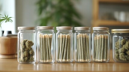Glass jars containing neatly packed pre-rolled cannabis joints