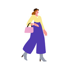Woman walking in fashion outfit. Modern style young female wearing pants, heeled boots, hat, hand bag, and trendy accessories, stylish apparel. Flat vector illustration isolated on white background