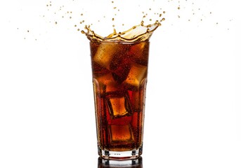 Refreshing cola drink with ice cubes and dynamic splash against a white background