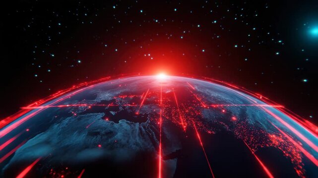 Futuristic earth with glowing red lines, digital network, sunrise, and starry space background, representing global technology and connectivity, featuring digital grid, global network, cyber security
