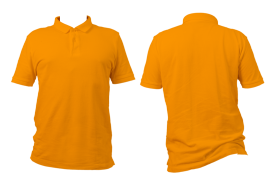 Orange polo shirt front and back view isolated on white background for clothing design mockup and apparel display