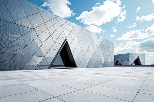 Modern architectural building with triangular windows and metallic geometric panels, under blue sky with clouds, on wide tiled ground, concept of innovation. Ai generative