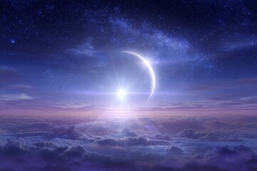 Crescent Moon Over a Starry Night Sky Above Purple Clouds