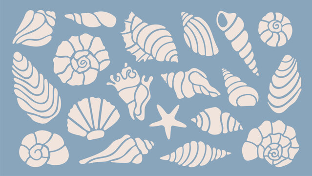 Set of hand drawn shells. Seashells in linocut style, nautical elements for summer design. Vector retro shapes